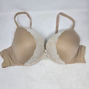 CACIQUE Women's 44C Smooth Boost Plunge Bra 3-Hook Tan with Cream Lace Padded